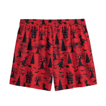 Red And Black Horror Witch Pattern Print Mesh Shorts