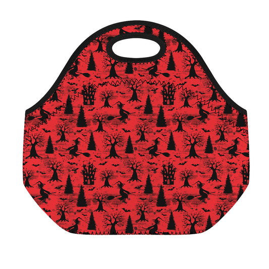 Red And Black Horror Witch Pattern Print Neoprene Lunch Bag