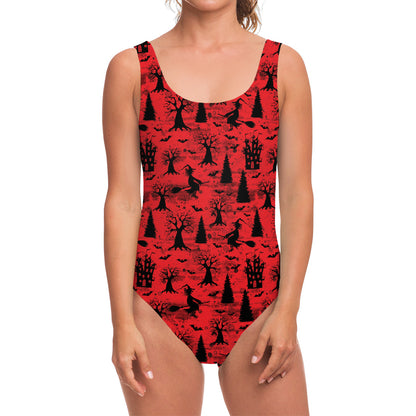 Red And Black Horror Witch Pattern Print One Piece Swimsuit