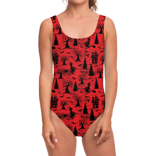 Red And Black Horror Witch Pattern Print One Piece Swimsuit