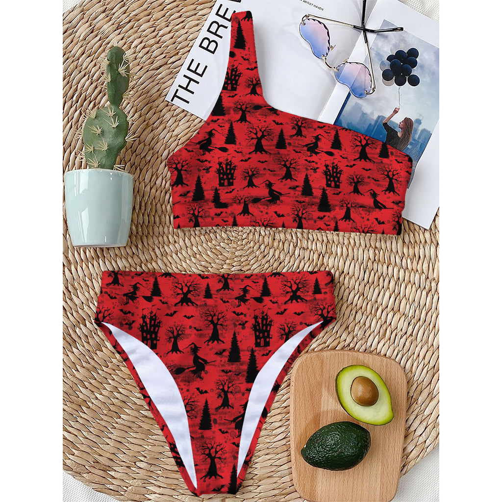 Red And Black Horror Witch Pattern Print One Shoulder Bikini Top
