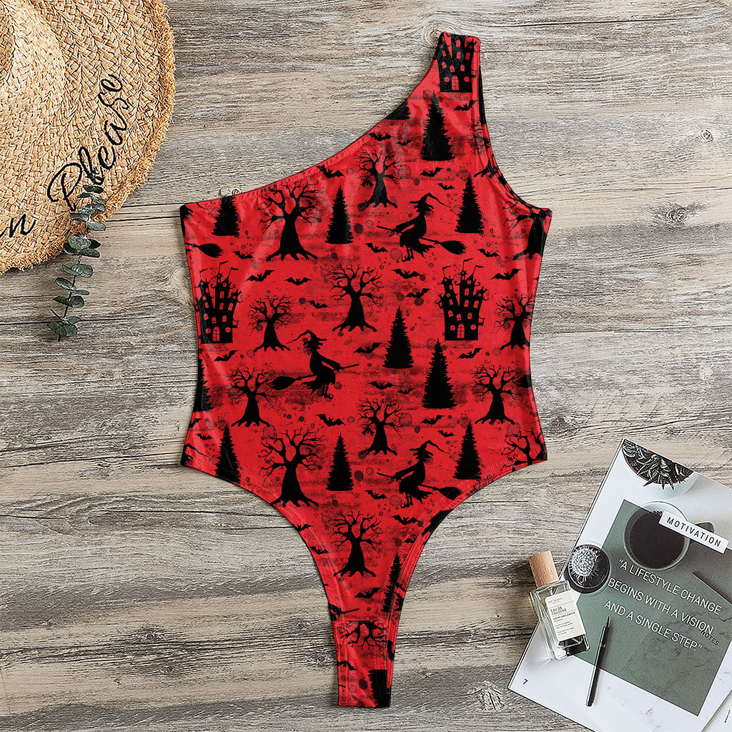 Red And Black Horror Witch Pattern Print One Shoulder Bodysuit
