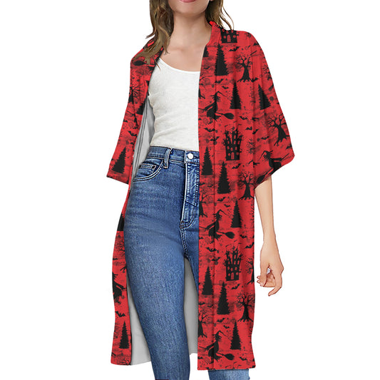 Red And Black Horror Witch Pattern Print Open Front Beach Cover Up
