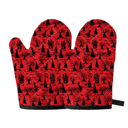 Red And Black Horror Witch Pattern Print Oven Mitts
