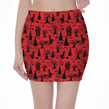 Red And Black Horror Witch Pattern Print Pencil Mini Skirt