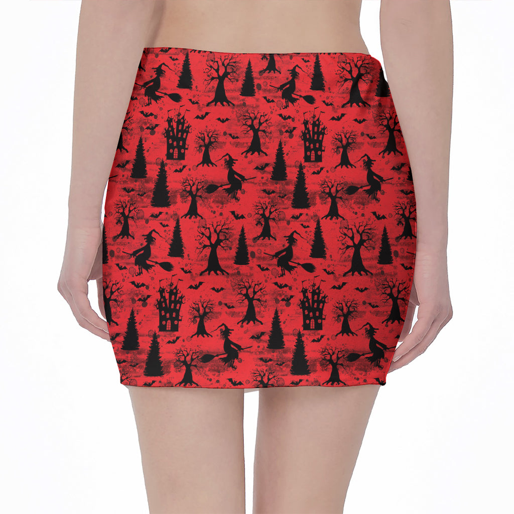 Red And Black Horror Witch Pattern Print Pencil Mini Skirt