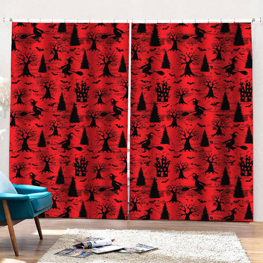 Red And Black Horror Witch Pattern Print Pencil Pleat Curtains