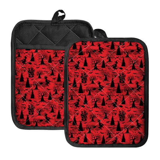 Red And Black Horror Witch Pattern Print Pot Holders With Pocket