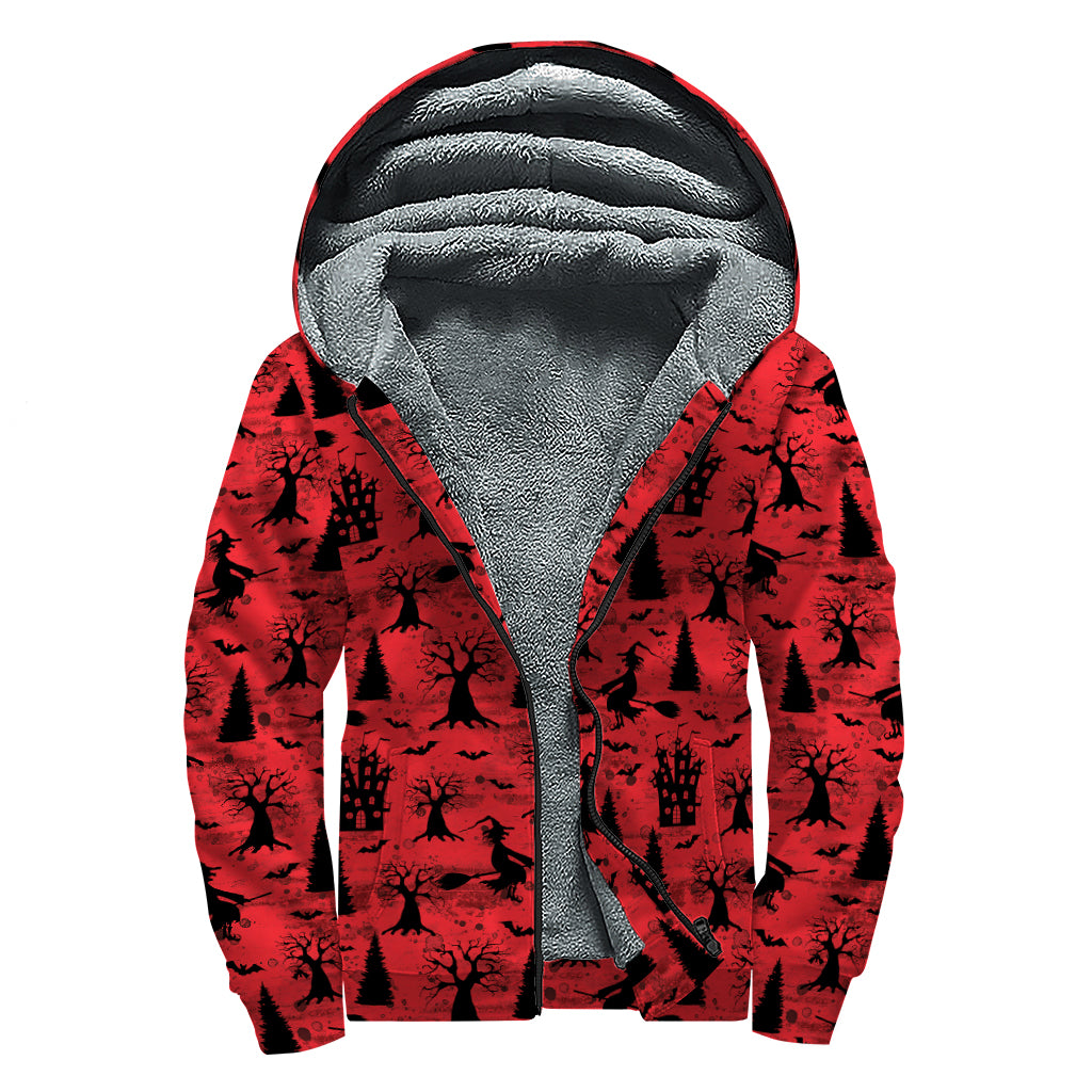 Red And Black Horror Witch Pattern Print Sherpa Lined Zip Up Hoodie