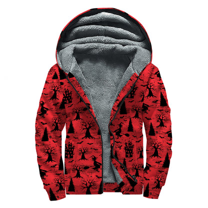 Red And Black Horror Witch Pattern Print Sherpa Lined Zip Up Hoodie