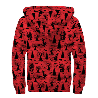 Red And Black Horror Witch Pattern Print Sherpa Lined Zip Up Hoodie