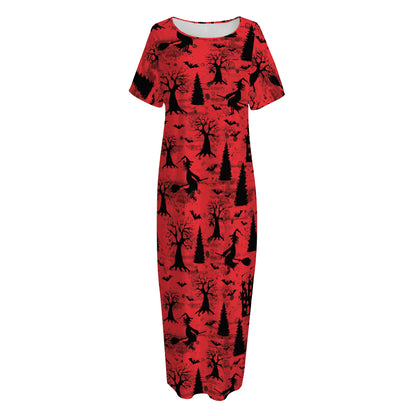 Red And Black Horror Witch Pattern Print Short Sleeve Long Nightdress