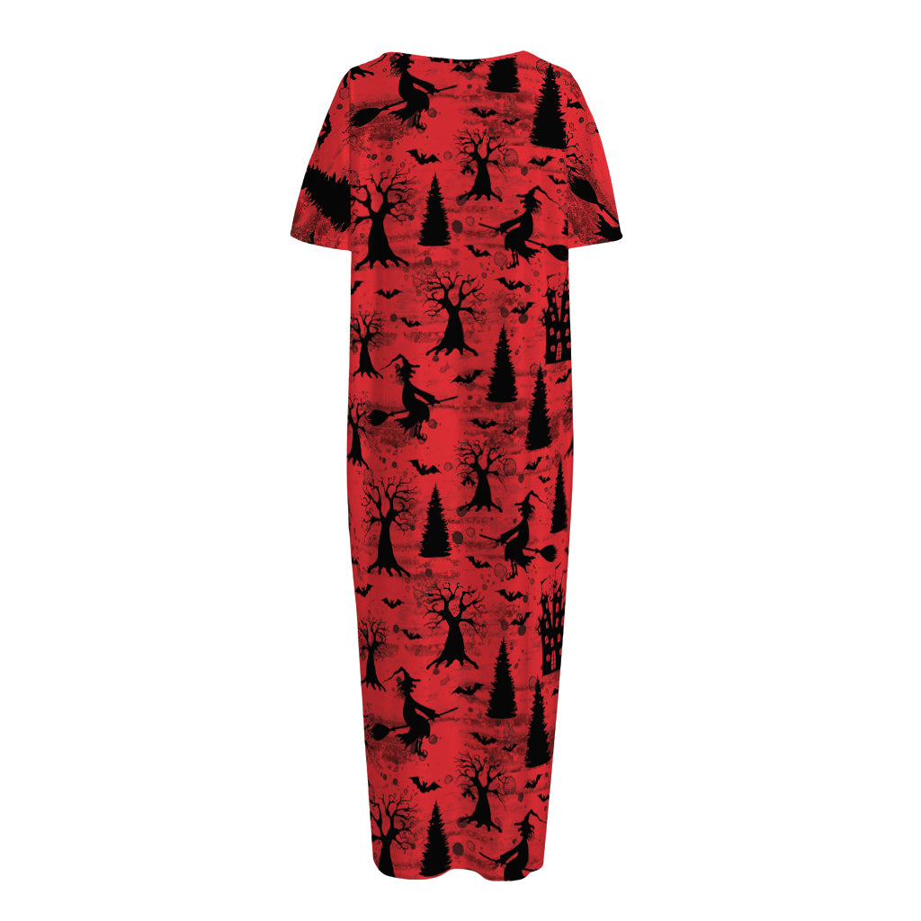 Red And Black Horror Witch Pattern Print Short Sleeve Long Nightdress
