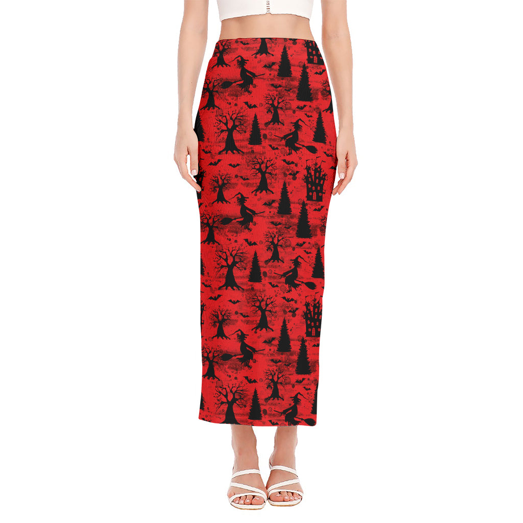 Red And Black Horror Witch Pattern Print Side Slit Maxi Skirt