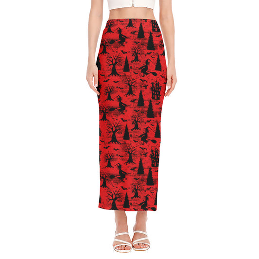 Red And Black Horror Witch Pattern Print Side Slit Maxi Skirt