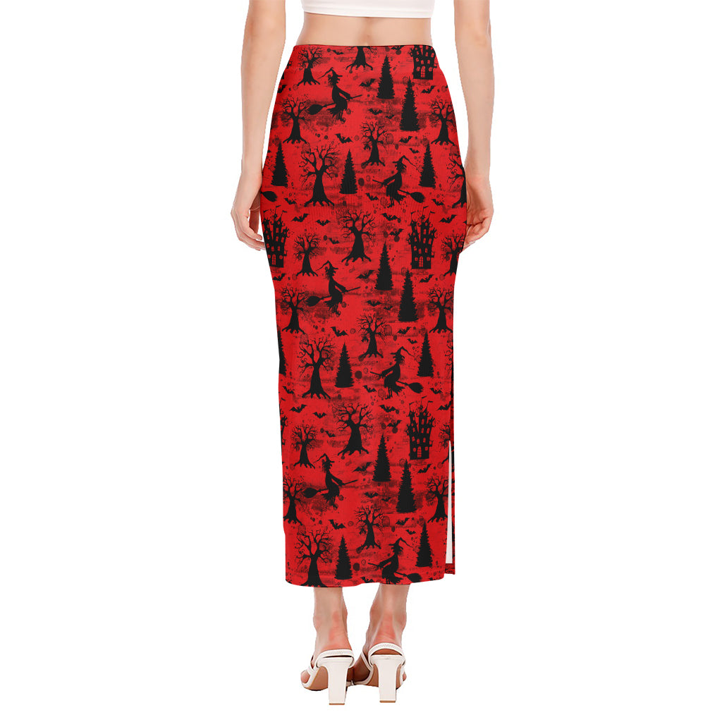 Red And Black Horror Witch Pattern Print Side Slit Maxi Skirt