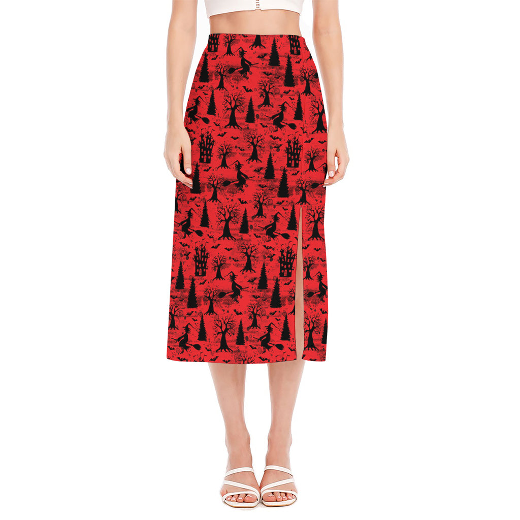 Red And Black Horror Witch Pattern Print Side Slit Midi Skirt
