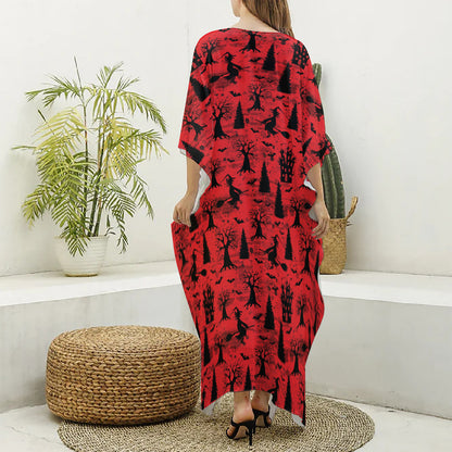 Red And Black Horror Witch Pattern Print Silk V-Neck Kaftan Dress
