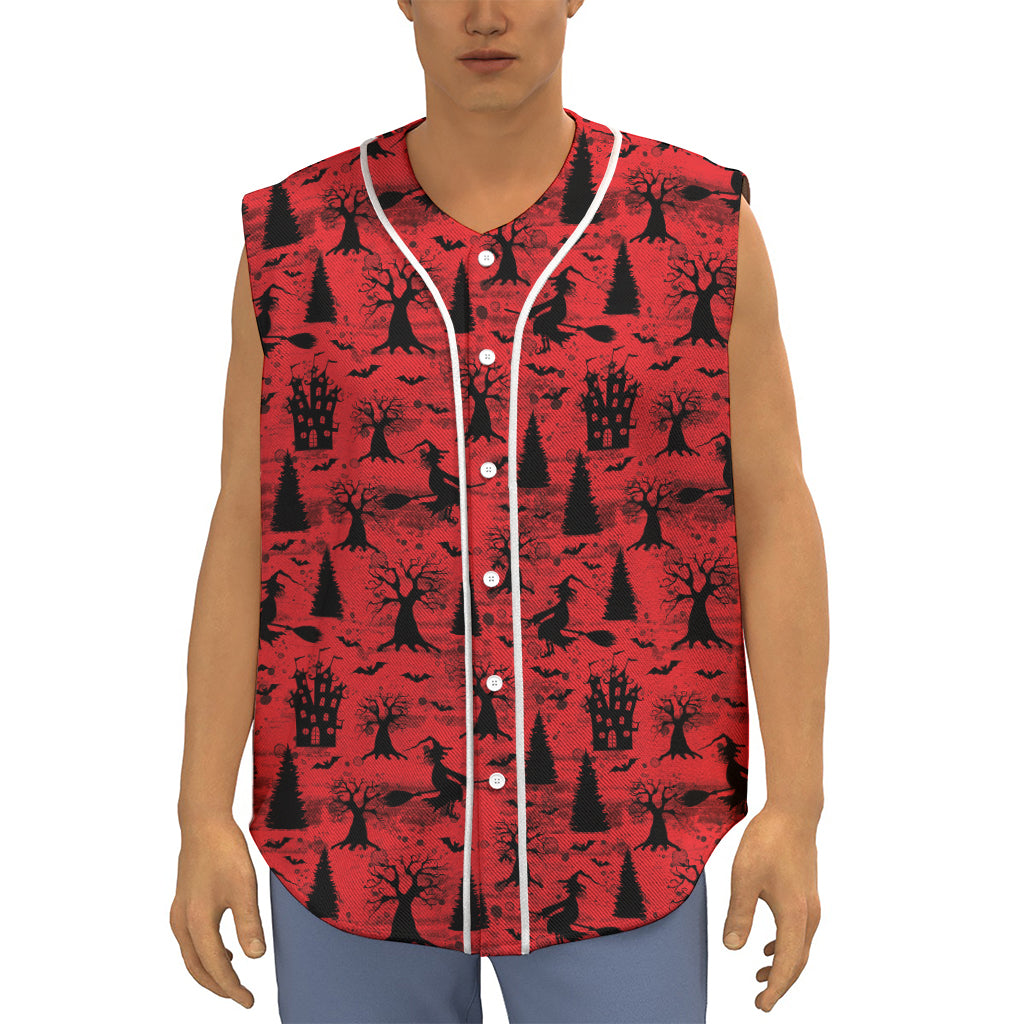 Red And Black Horror Witch Pattern Print Sleeveless Baseball Jersey