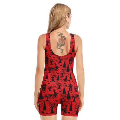Red And Black Horror Witch Pattern Print Sleeveless One Piece Swimsuit