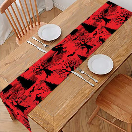Red And Black Horror Witch Pattern Print Table Runner