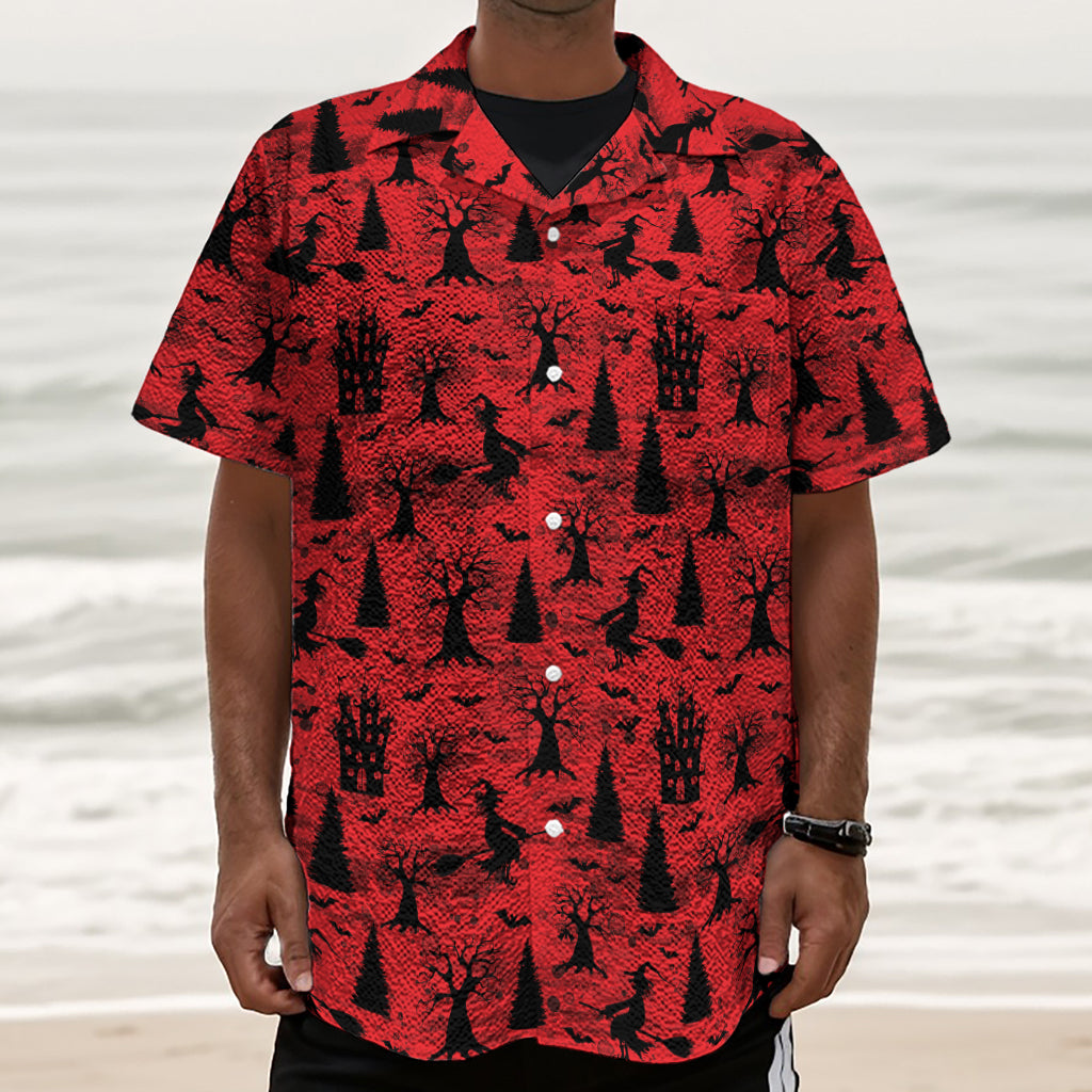 Red And Black Horror Witch Pattern Print Textured Short Sleeve Shirt