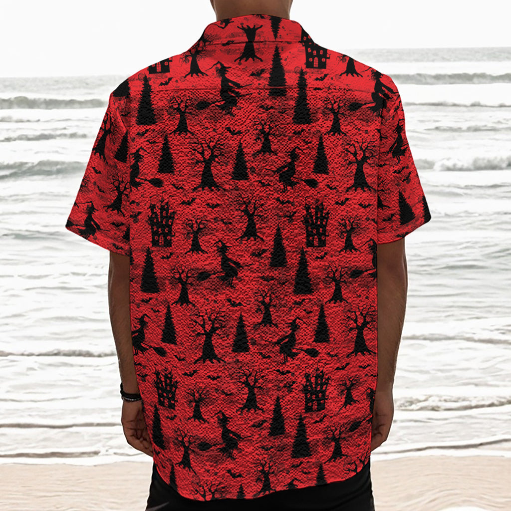 Red And Black Horror Witch Pattern Print Textured Short Sleeve Shirt