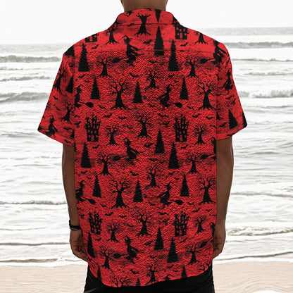 Red And Black Horror Witch Pattern Print Textured Short Sleeve Shirt
