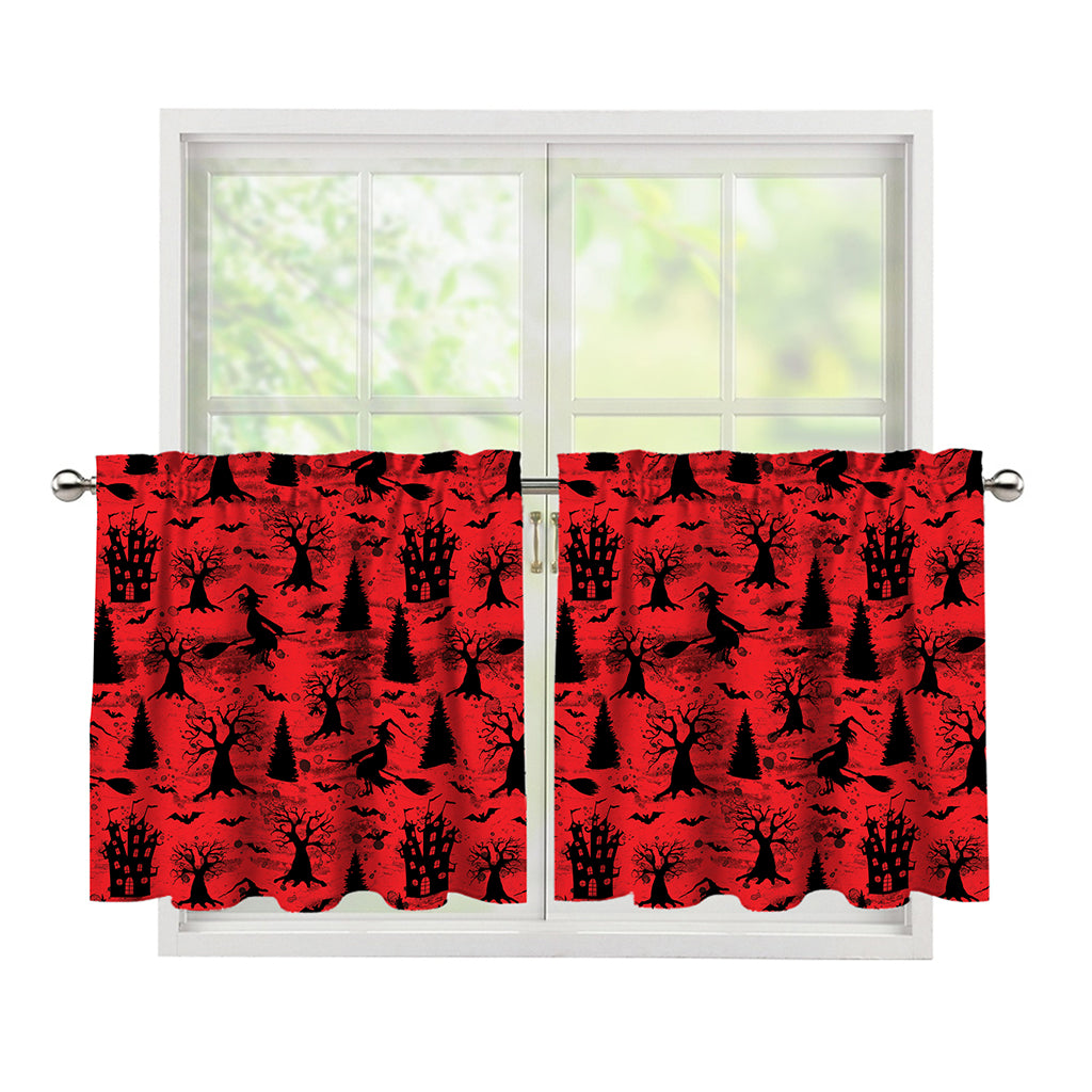Red And Black Horror Witch Pattern Print Tier Curtains