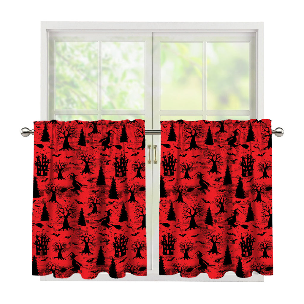 Red And Black Horror Witch Pattern Print Tier Curtains