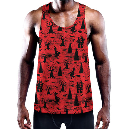 Red And Black Horror Witch Pattern Print Training Tank Top