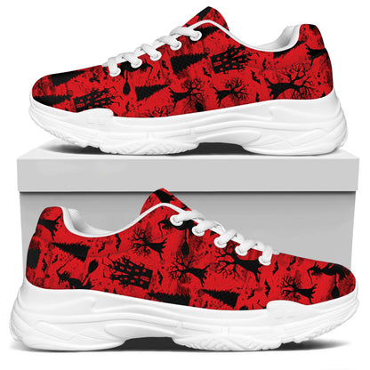 Red And Black Horror Witch Pattern Print White Chunky Shoes