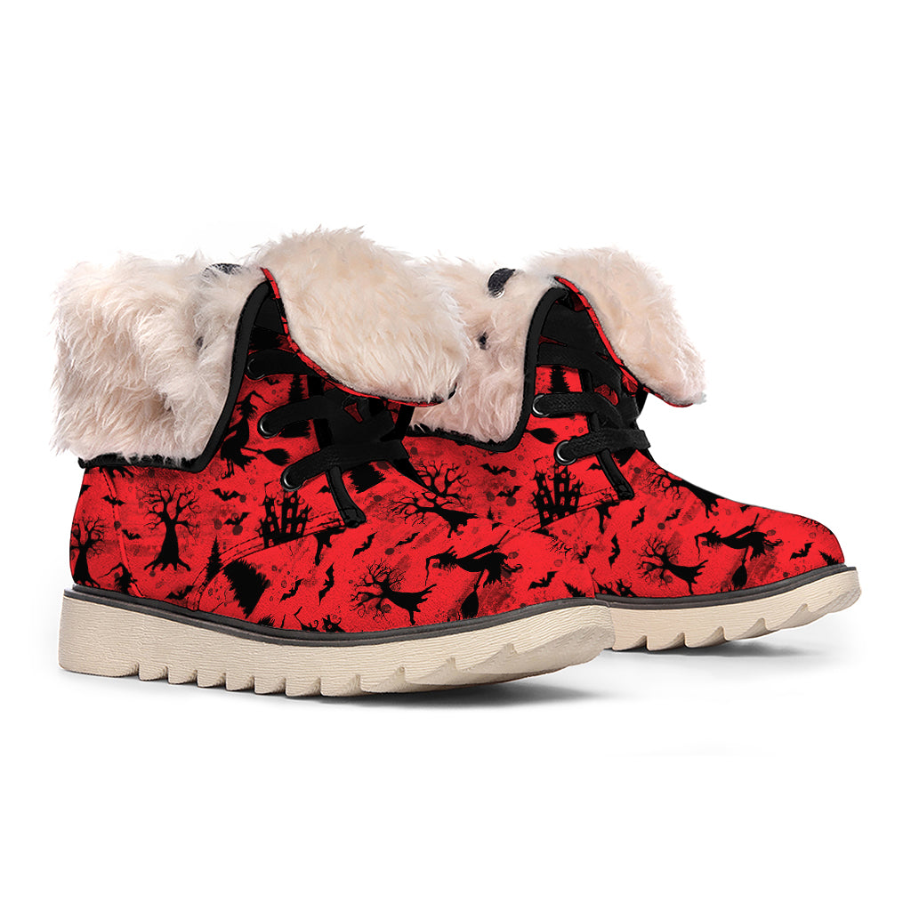 Red And Black Horror Witch Pattern Print Winter Boots