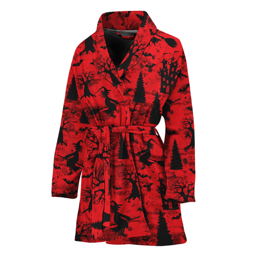 Red And Black Horror Witch Pattern Print Women's Bathrobe