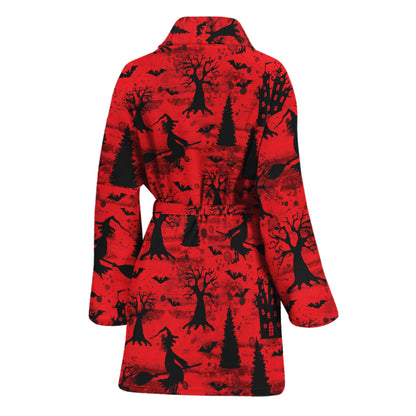 Red And Black Horror Witch Pattern Print Women's Bathrobe