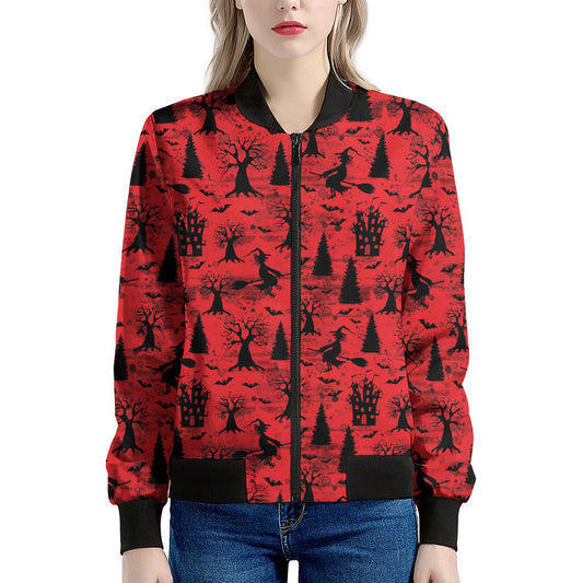 Red And Black Horror Witch Pattern Print Women's Bomber Jacket