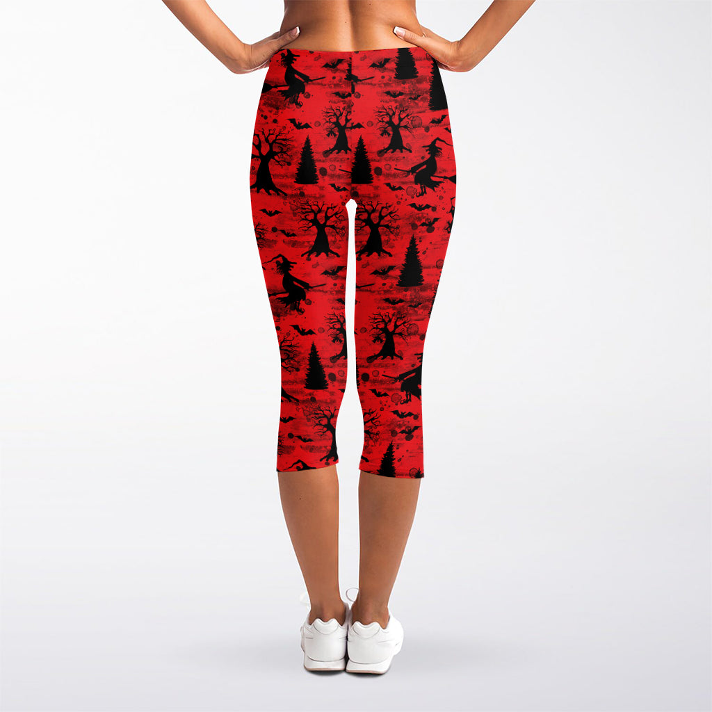 Red And Black Horror Witch Pattern Print Women's Capri Leggings