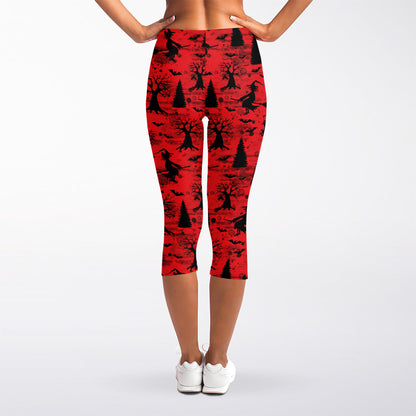 Red And Black Horror Witch Pattern Print Women's Capri Leggings