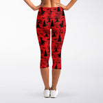 Red And Black Horror Witch Pattern Print Women's Capri Leggings
