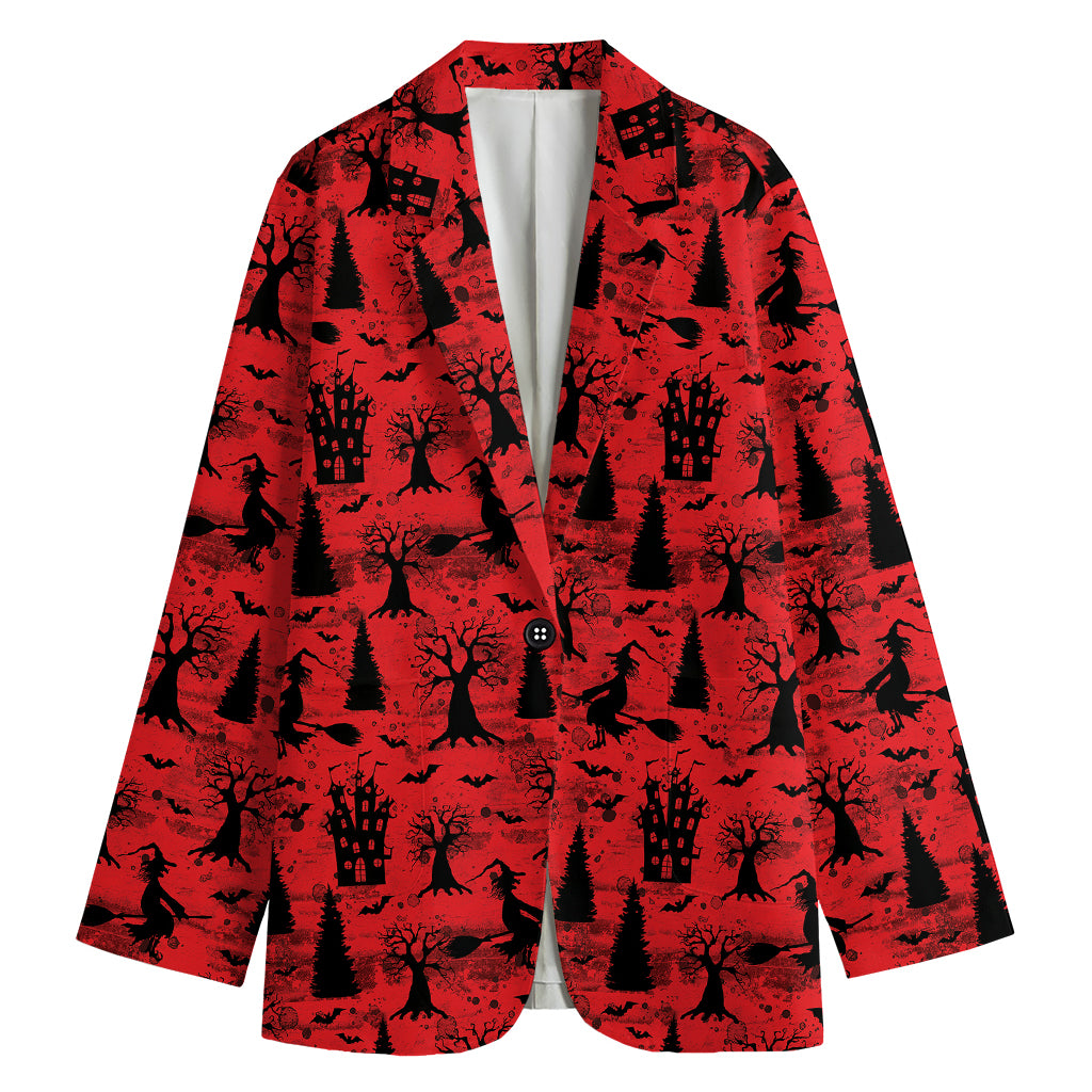 Red And Black Horror Witch Pattern Print Women's Cotton Blazer