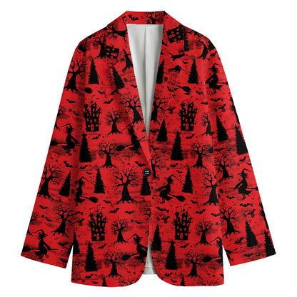 Red And Black Horror Witch Pattern Print Women's Cotton Blazer