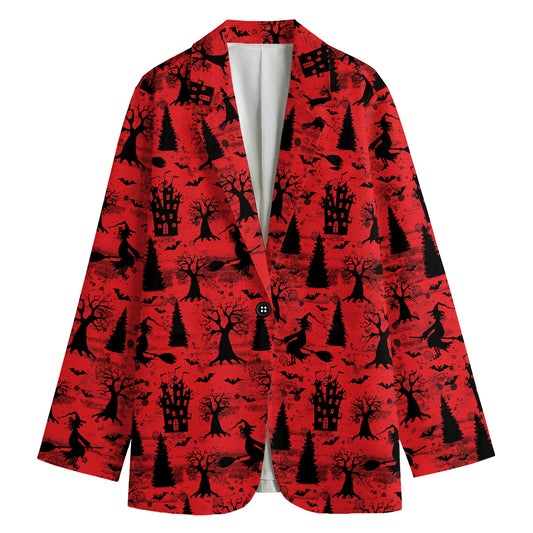 Red And Black Horror Witch Pattern Print Women's Cotton Blazer