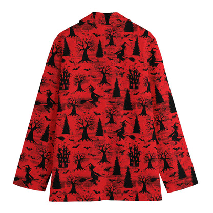 Red And Black Horror Witch Pattern Print Women's Cotton Blazer