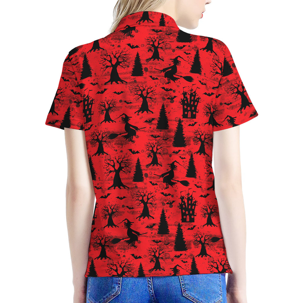 Red And Black Horror Witch Pattern Print Women's Polo Shirt