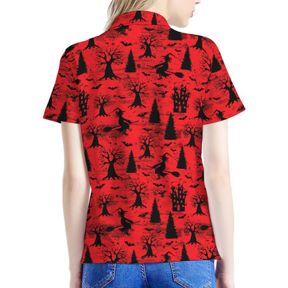 Red And Black Horror Witch Pattern Print Women's Polo Shirt