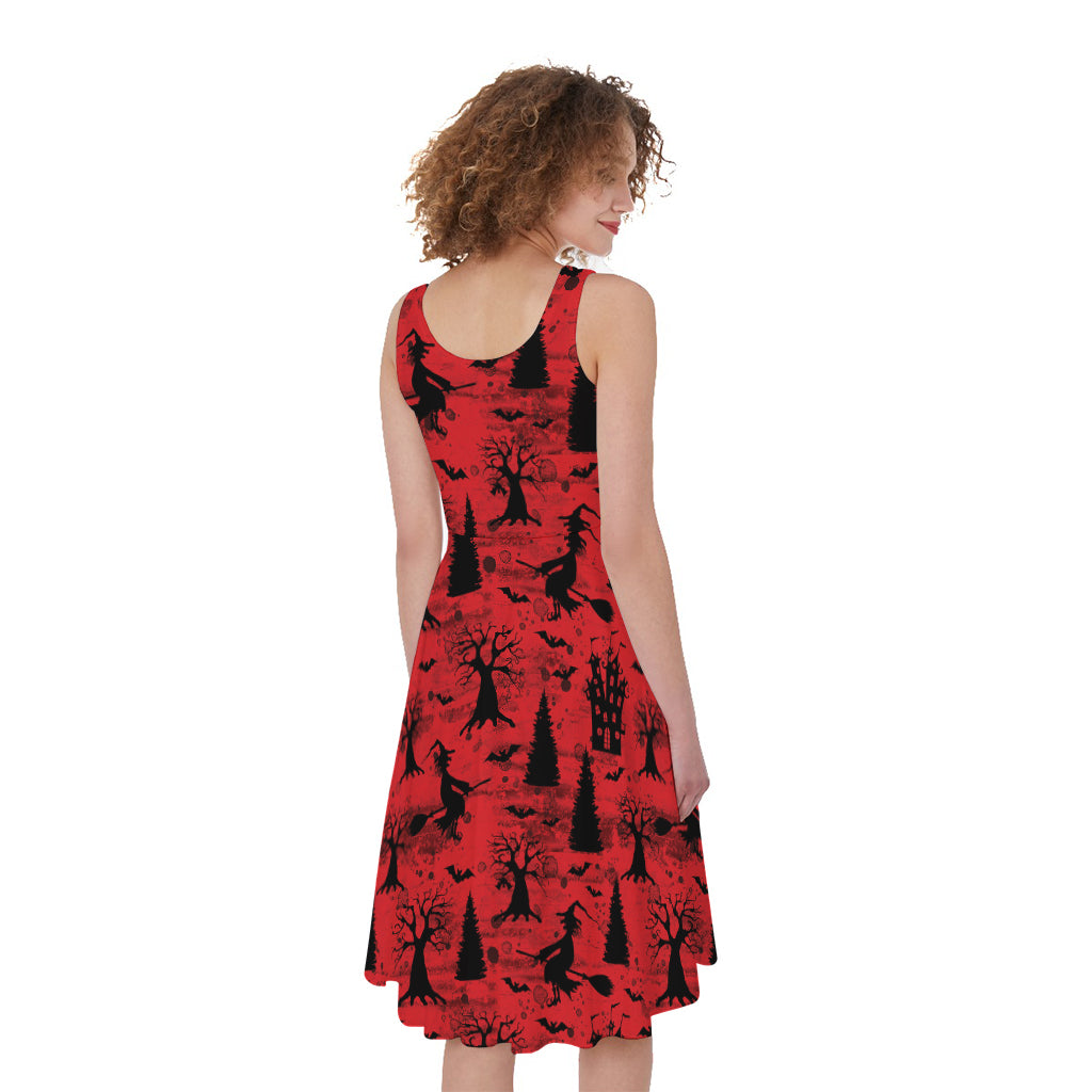 Red And Black Horror Witch Pattern Print Women's Sleeveless Dress
