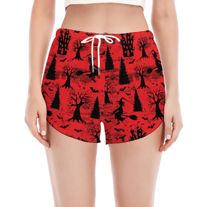 Red And Black Horror Witch Pattern Print Women's Split Running Shorts
