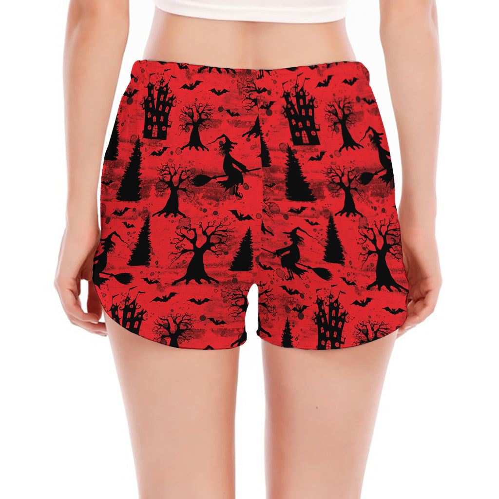Red And Black Horror Witch Pattern Print Women's Split Running Shorts