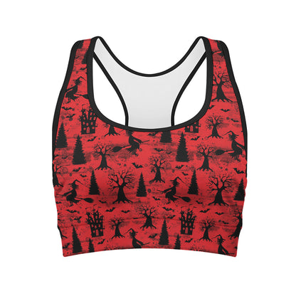 Red And Black Horror Witch Pattern Print Women's Sports Bra
