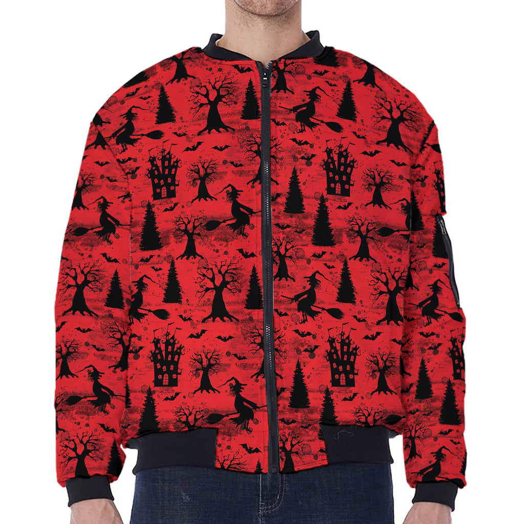 Red And Black Horror Witch Pattern Print Zip Sleeve Bomber Jacket